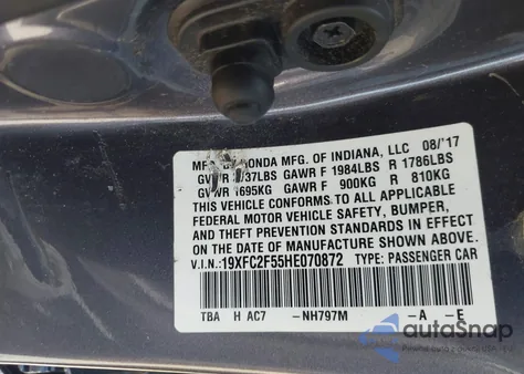 2017 Honda Civic Lx from USA, damaged, VIN 19XFC2F55HE070872